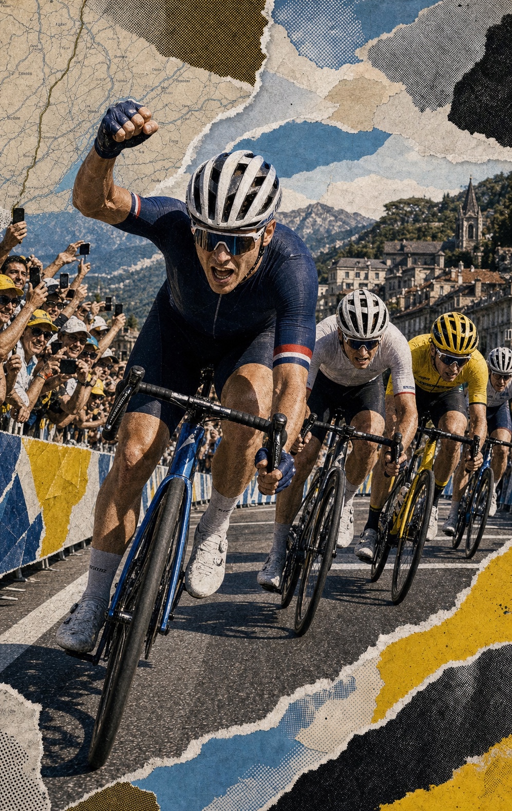 Editorial paper-collage illustration of Jasper Philipsen winning the uphill sprint in Voiron ahead of Mauro Schmid and Olav Kooij with Alpine foothills and torn map textures behind them.