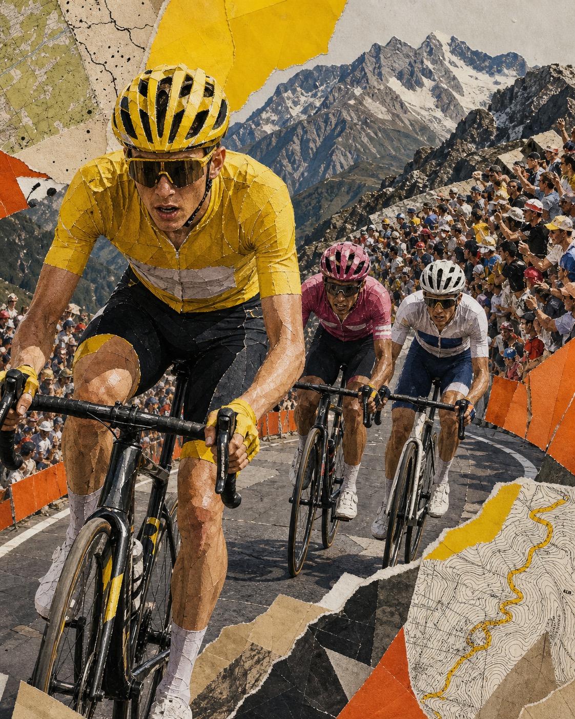 Editorial paper-collage illustration of Tadej Pogačar attacking on upper Alpe d'Huez hairpins ahead of Richard Carapaz and Lenny Martinez amid dense Alpine crowds.