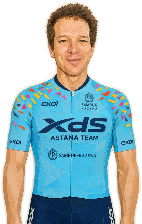 Aaron Gate paper-collage portrait in the 2026 XDS Astana kit
