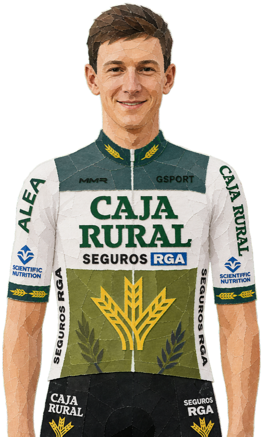 Abel Balderstone paper-collage portrait in the 2026 Caja Rural kit