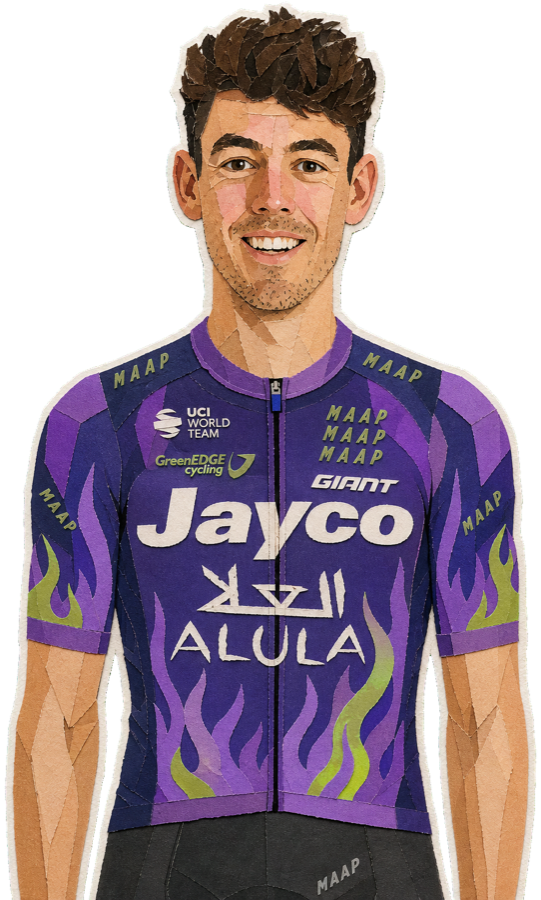 Ben O'Connor paper-collage portrait in the 2026 Jayco AlUla kit