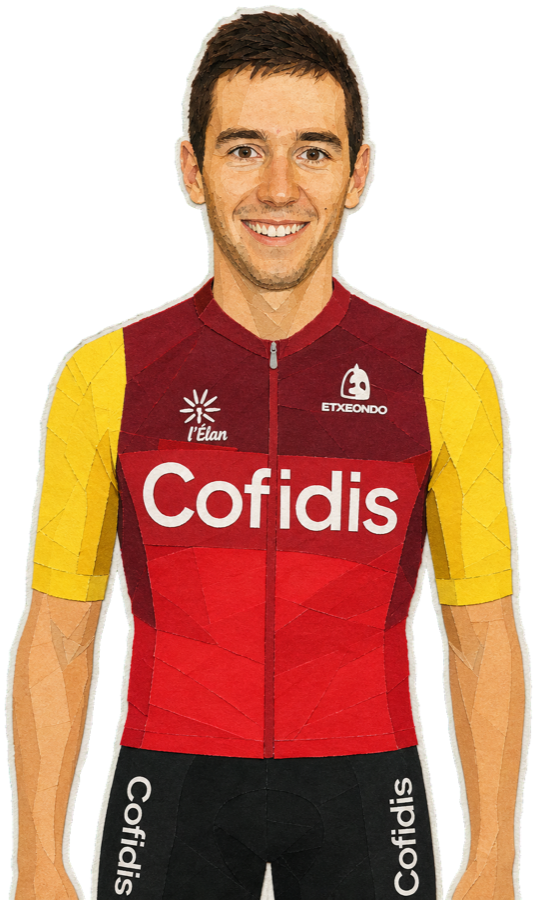 Benjamin Thomas paper-collage portrait in the 2026 Cofidis kit