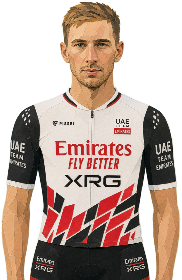 Brandon McNulty paper-collage portrait in the 2026 UAE Emirates-XRG kit