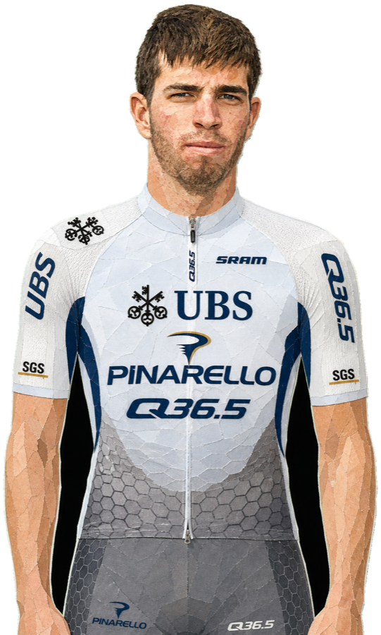 Damien Howson paper-collage portrait in the 2026 Pinarello–Q36.5 kit