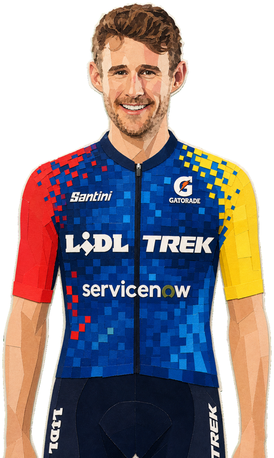 Derek Gee-West paper-collage portrait in the 2026 Lidl-Trek kit