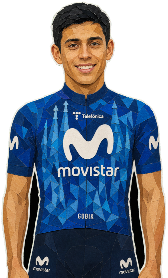 Einer Rubio paper-collage portrait in the 2026 Movistar kit