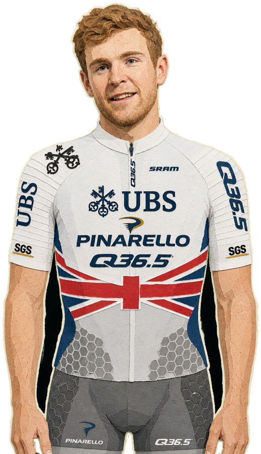 Fred Wright paper-collage portrait in the 2026 Pinarello–Q36.5 kit