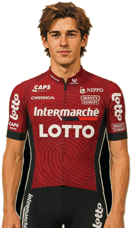 Huub Artz paper-collage portrait in the 2026 Lotto-Intermarché kit
