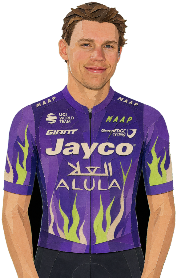 Kelland O'Brien paper-collage portrait in the 2026 Jayco AlUla kit