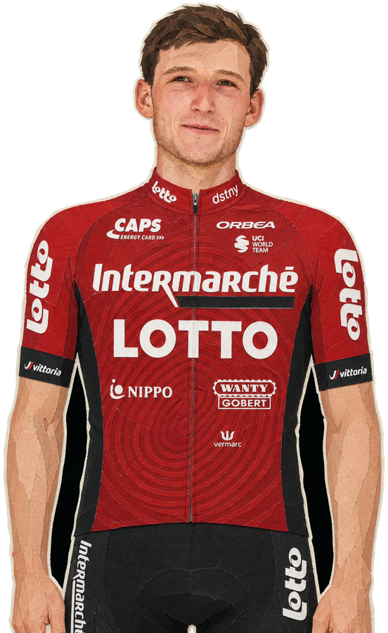 Liam Slock paper-collage portrait in the 2026 Lotto-Intermarché kit