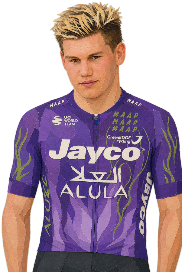 Luke Plapp paper-collage portrait in the 2026 Jayco AlUla kit