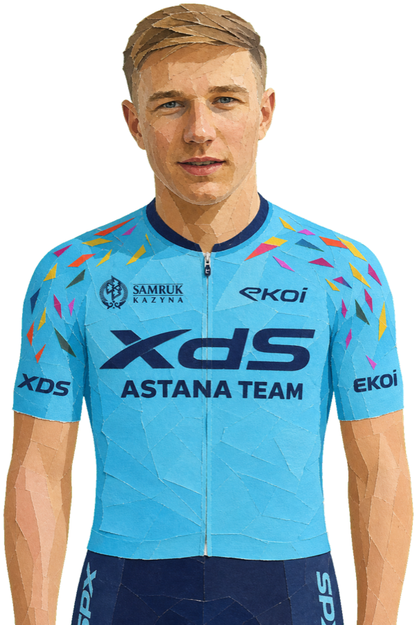Max Kanter paper-collage portrait in the 2026 XDS Astana kit