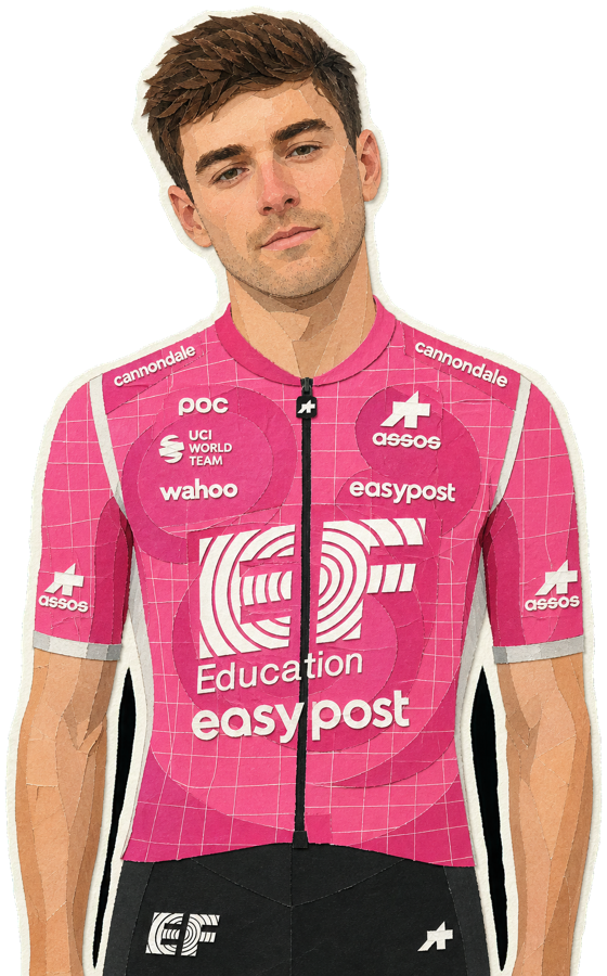 Max Walker paper-collage portrait in the 2026 EF Education–EasyPost kit