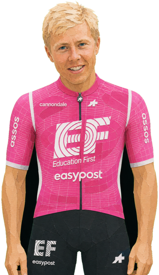 Michael Valgren paper-collage portrait in the 2026 EF Education–EasyPost kit