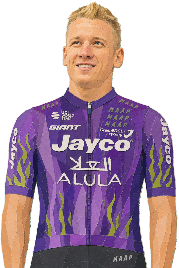 Pascal Ackermann paper-collage portrait in the 2026 Jayco AlUla kit