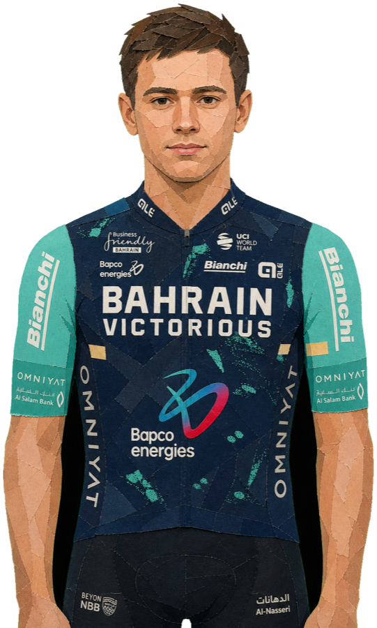 Robert Stannard paper-collage portrait in the 2026 Bahrain Victorious kit
