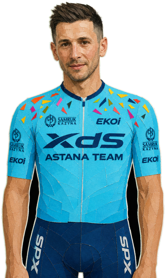 Simone Velasco paper-collage portrait in the 2026 XDS Astana kit